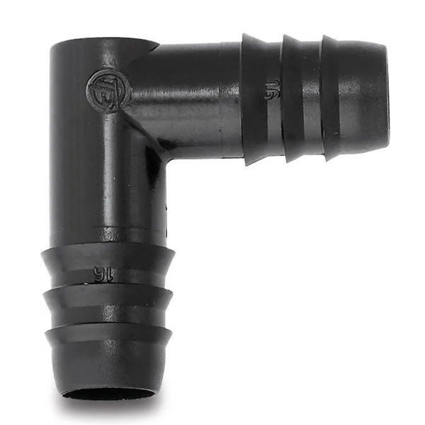 Barbed Elbow, a durable connector designed for changing the direction of hoses or tubing in irrigation systems. With barbed ends for a secure, leak-proof fit, it ensures reliable water flow while offering easy installation for various irrigation setups