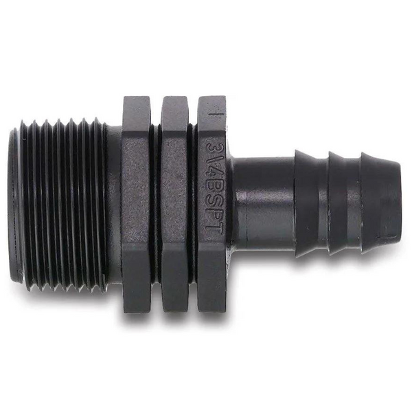 Barbed Male Adaptor, a connector designed to transition from a barbed connection to a threaded male fitting in irrigation systems. With barbed ends for a secure, leak-proof fit, it ensures reliable water flow and is easy to install in various irrigation applications