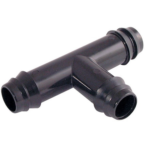 Barbed Tee, a connector designed for joining three pieces of hose or tubing in irrigation systems. Featuring barbed ends for a secure, leak-proof fit, it provides a reliable solution for splitting or directing water flow in various irrigation applications