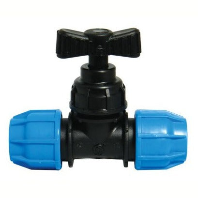 MDPE Stop Taps designed for controlling the flow of water in MDPE (Medium-Density Polyethylene) pipe systems, commonly used in irrigation installations. These taps provide reliable shut-off capabilities, ensuring easy maintenance and system control. Image shows a durable, easy-to-operate valve with clear markings and sturdy construction, ideal for both residential and commercial applications